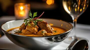 Delicious curry with duck confit in elegant presentation photo
