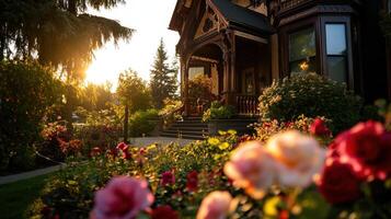 Elegant Victorian style home with ornate woodwork and flowers photo