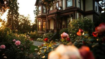 A beautiful victorian house with roses in the foreground photo