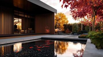 A modern home with a pond and koi fish photo