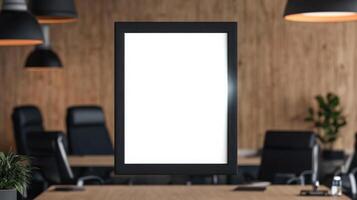 Empty picture frame in modern office setting photo
