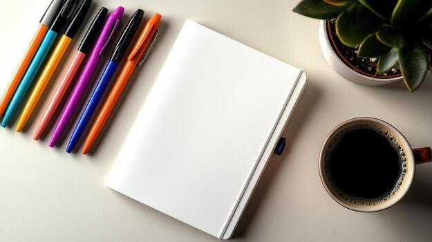 flat lay of white notebook, colorful pens, and coffee photo