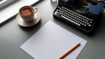 vintage typewriter with cup of tea and blank paper photo