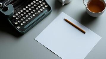 vintage typewriter with pencil and blank paper photo