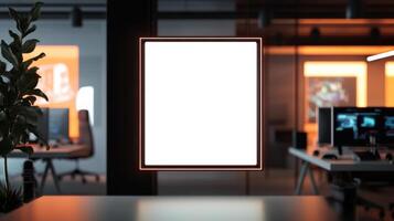 An empty white frame is sitting on a table in an office photo