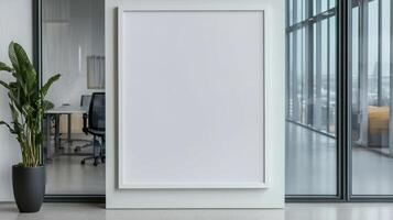 Minimalist white frame with blank center in modern office space photo