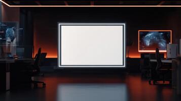 Futuristic office with glowing LED frame and empty screen photo