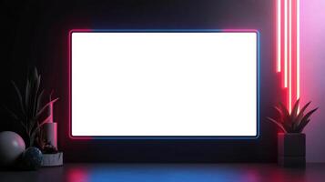 modern digital screen frame with neon accents and plants photo