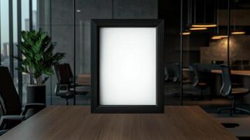 Empty picture frame on wooden table in modern office photo