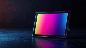 A square shaped device with a rainbow colored screen photo