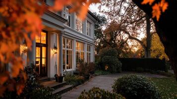 classic house with tall windows surrounded by autumn foliage photo