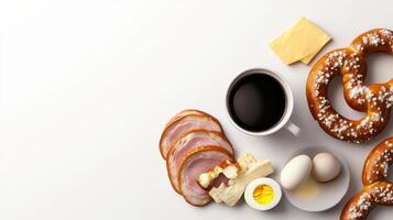 Freshly baked pretzels with coffee, cheese, and eggs photo