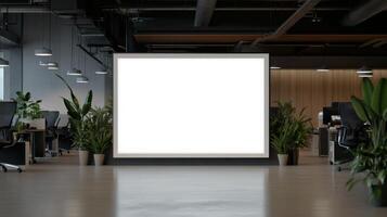 Giant blank picture frame in modern office space with plants photo