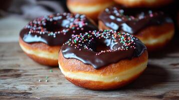 Chocolate glazed donuts with sprinkles on a wooden table photo