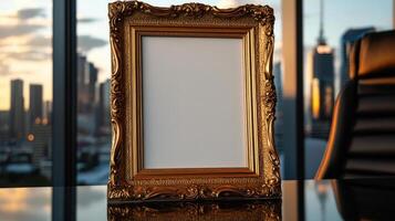 A golden frame sitting on a table in front of a cityscape photo