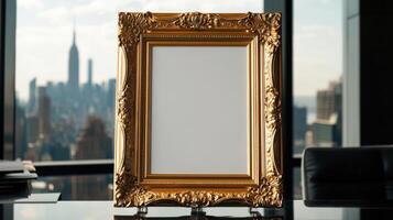 Golden ornate picture frame with white center, elegant view photo