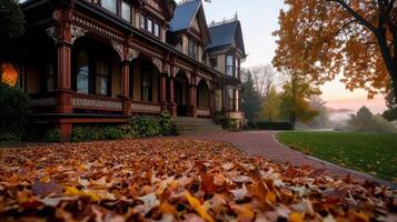 Grand Victorian style house with autumn leaves in foreground photo
