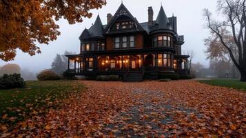 A large victorian house in the fall with leaves on the ground photo