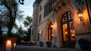 grand chateau with wooden doors and warm evening lights photo