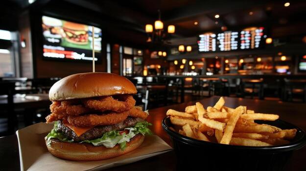 A burger and fries sit on a table in front of a television photo