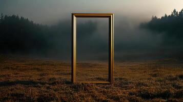 A golden frame sitting in a field with fog photo