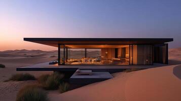 The house is in the desert at sunset photo