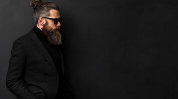 Stylish man with beard and sunglasses against dark background photo