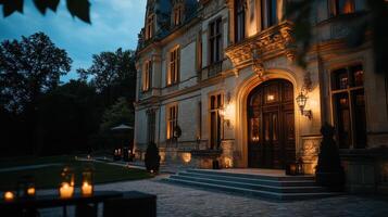 Luxurious antique chateau with large wooden doors and soft photo
