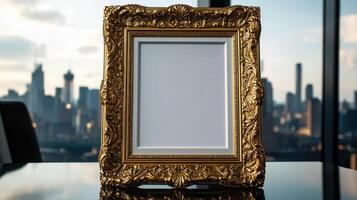 Elegant golden ornate picture frame with blank center photo