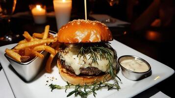 Gourmet burger with melted cheese and herbs, served with fries photo