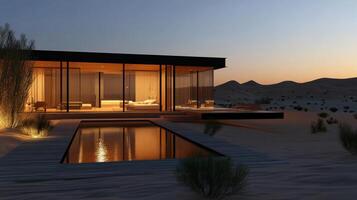 Modern glass walled villa in desert at sunset photo