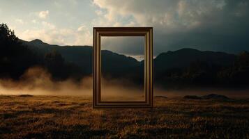 A frame is sitting in the middle of a field photo