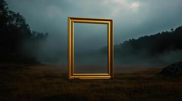 Giant golden frame in misty open field landscape photo