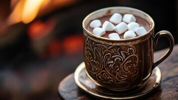 Hot chocolate with marshmallows on top of a wooden table photo