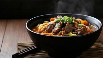 A bowl of beef and noodles with chopsticks photo