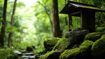 A small wooden hut is sitting on top of a moss covered hill photo