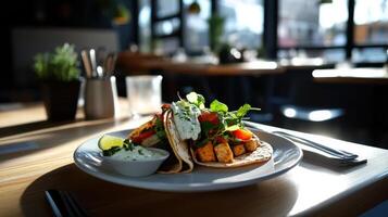 A plate with two tacos on it sitting on a table photo