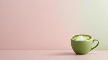 Green tea matcha latte with latte art in minimalist setting photo