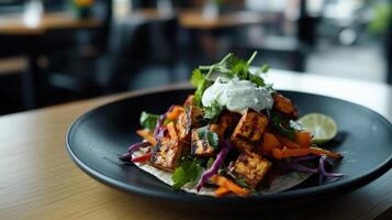 A plate of food with tofu and vegetables photo