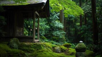 A small japanese house in the middle of a forest photo