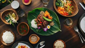 Delicious Indonesian meal with beef, rice, and fresh vegetables photo