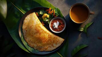 Crispy dosa with chutney and tea on banana leaf photo