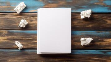 Blank notebook surrounded by crumpled paper on wooden table photo
