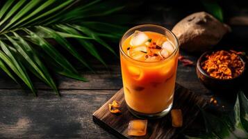 Iced Thai tea with condensed milk and spices in glass photo