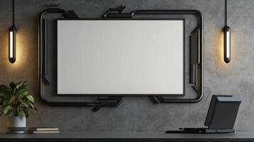 A blank white frame on a wall with a laptop and lamp photo