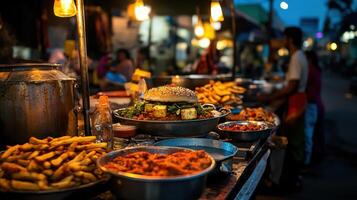 Street food stall with Indian spiced burger and snacks photo