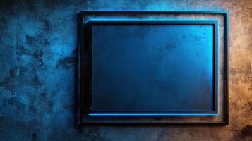 A blue neon light on a wall photo