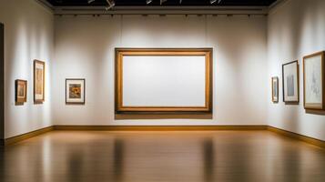 Large empty picture frame in art gallery with paintings photo
