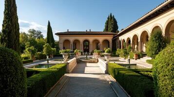 Luxurious villa with symmetrical gardens and elegant architecture photo
