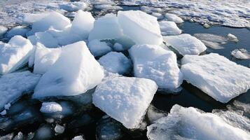 Melting ice chunks float on serene water surface photo